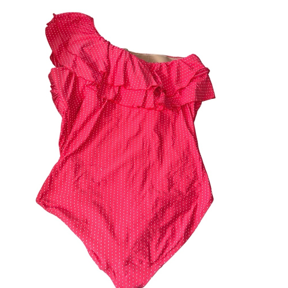 SWIM by Cacique Coral One Shoulder Ruffle One Piece Swimsuit No Wire Polka Dot - Picture 4 of 6